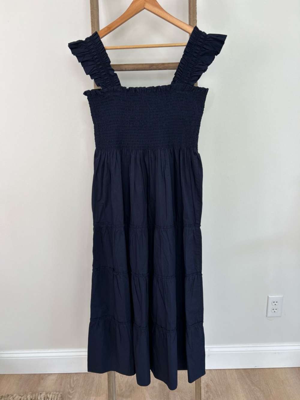 Quince Blue Organic Cotton Smocked Midi Dress Tiered Ruffle Boho Size XL NWT - Picture 7 of 9